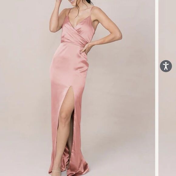 Revelry Champagne pink satin bridesmaid maxi slit dress